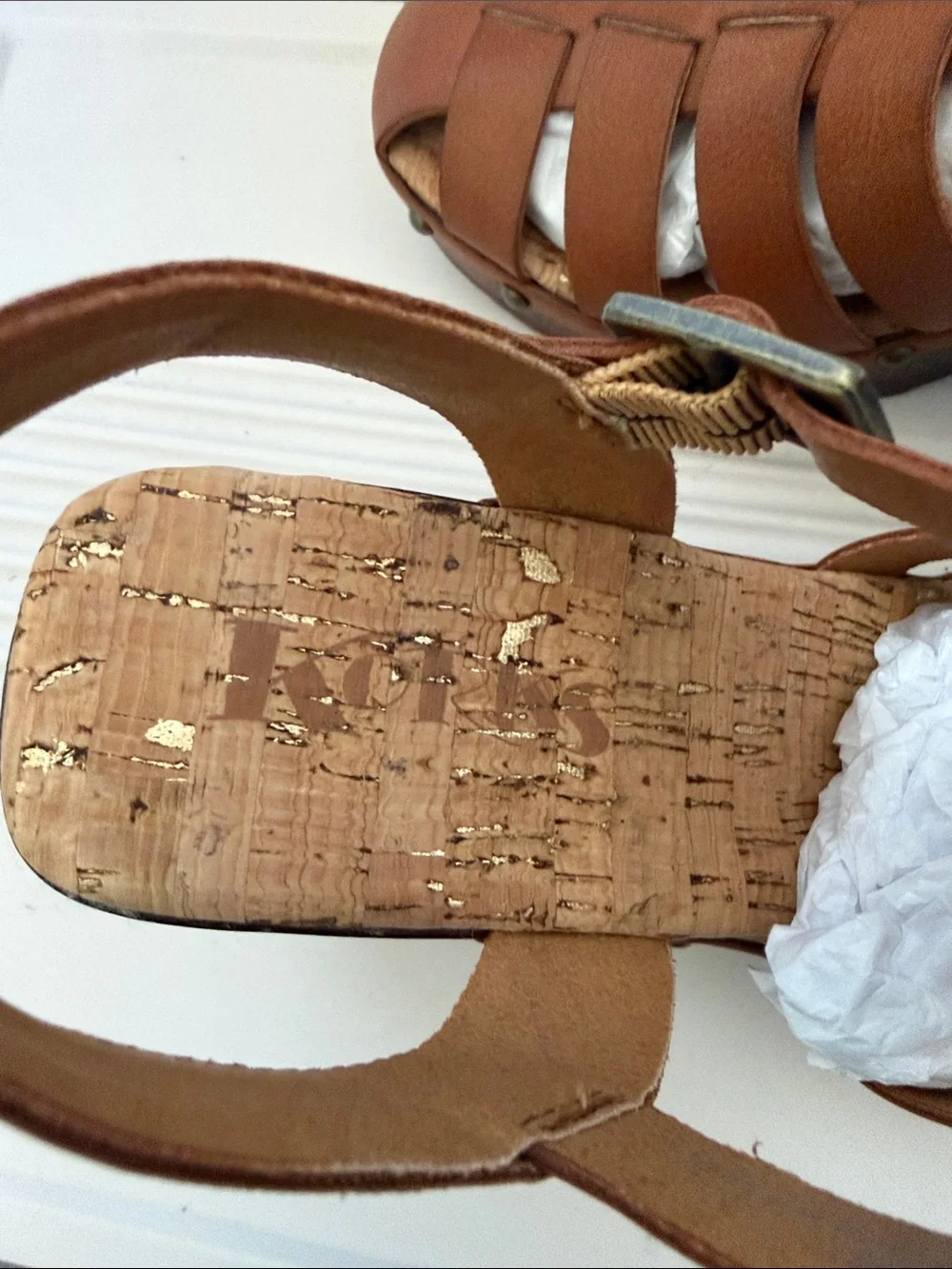 NWOT KORKS Whitney Multi -Strap Platform Sandal with Tan Wood Heel.